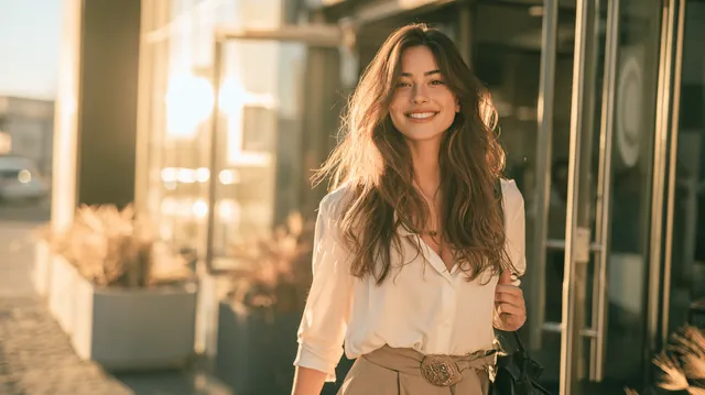 Smiling woman in her 30s leaving a modern dental clinic after paying for treatment with a $1,000 loan