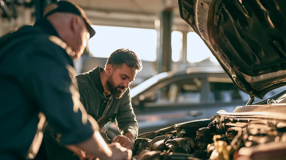 A mechanic and a man in his 40s inspect the engine of an SUV in an auto shop while he weighs a $2,000 loan for the repair