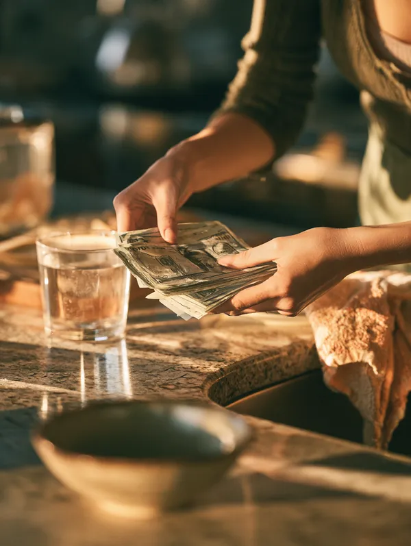 Hands counting cash on a kitchen counter while planning a monthly loan payment