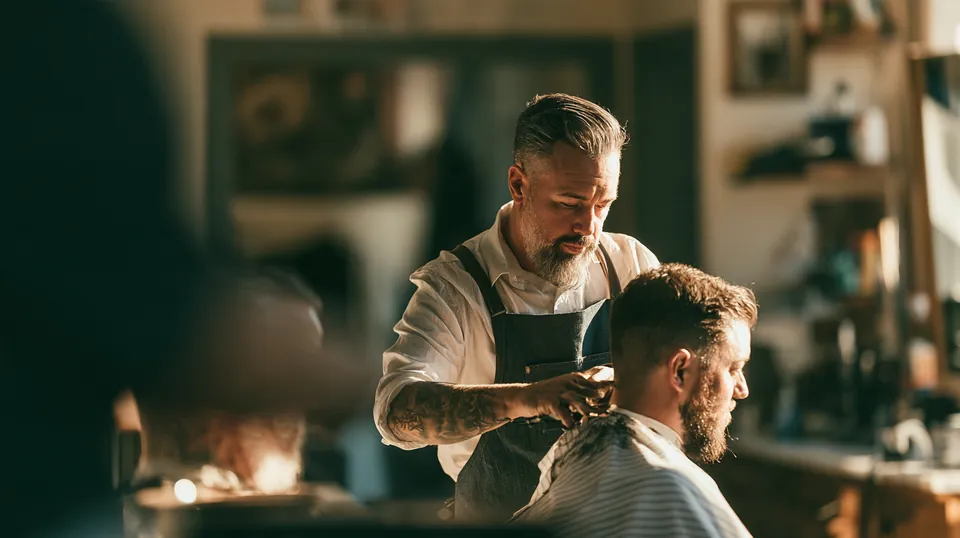Barber in his 30s cutting a client's hair in a bright neighborhood barbershop, a self-employed worker who might compare offers through Tripoint Lending