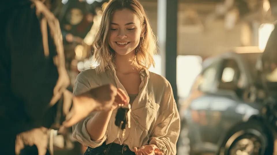 Mechanic handing car keys back to a young woman after a $500 loan covered a new tire in a bright auto repair bay