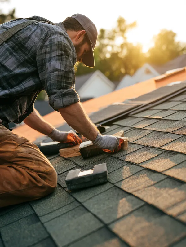 Over-the-shoulder view of a roofer laying new architectural shingles on a suburban roof with treetops in the distance