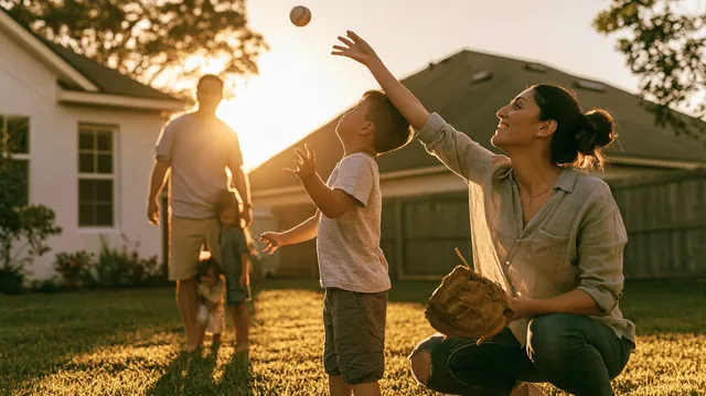 A family plays catch in their backyard at golden hour with the home's freshly repaired roof, funded by a $5,000 loan, behind them