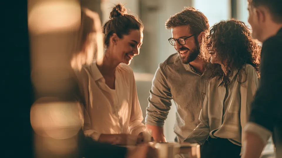 Four Tripoint Lending coworkers laughing together around a standing table in a bright modern office
