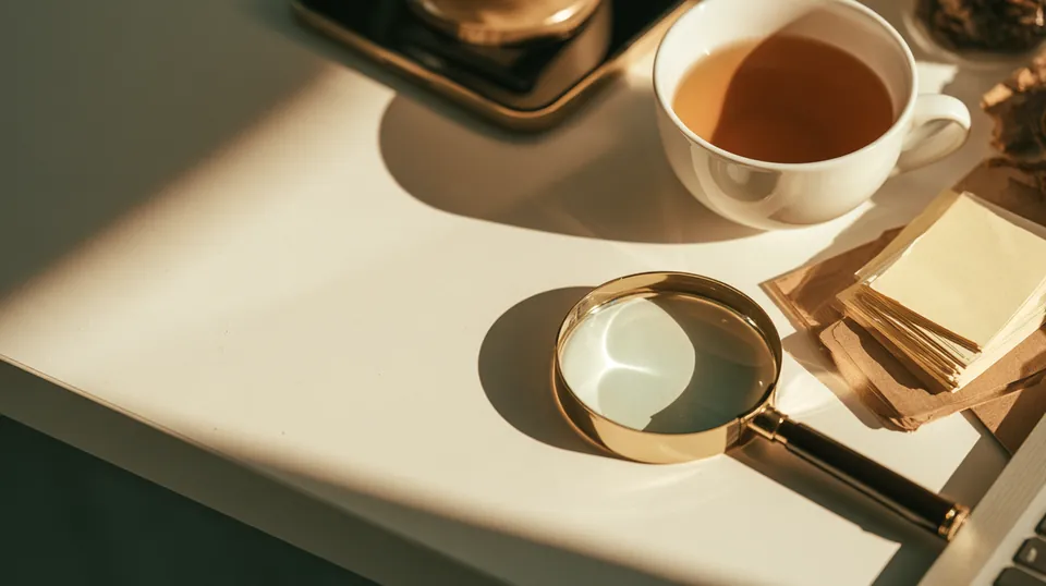 Flat lay of a magnifying glass, tablet stand, cup of tea and index cards used to review the Tripoint Lending disclosure