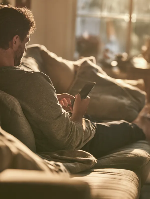 Over-the-shoulder view of a man in his 40s tapping on his smartphone while relaxing on a modern sofa