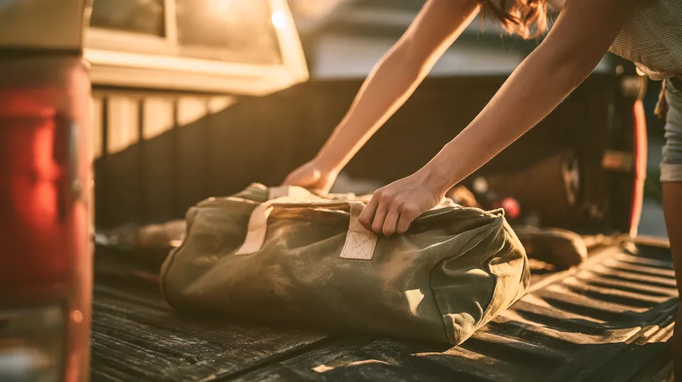 An American woman's hands lifting a canvas tool bag into the bed of her late-model pickup truck in a suburban driveway, everyday work life for borrowers comparing bad credit loans with Tripoint Lending