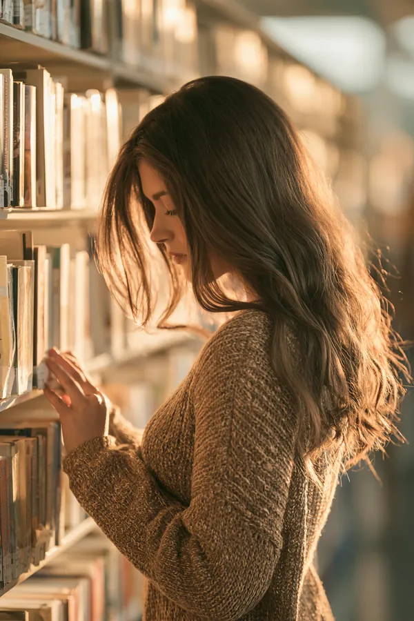 Woman in her 30s browsing a shelf of books in a bright, modern public library