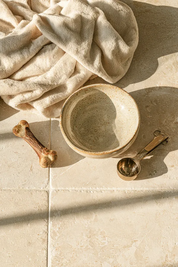 Top-down flat lay of a ceramic pet bowl, a folded soft blanket, a measuring scoop and a small chew toy on a pale tile floor