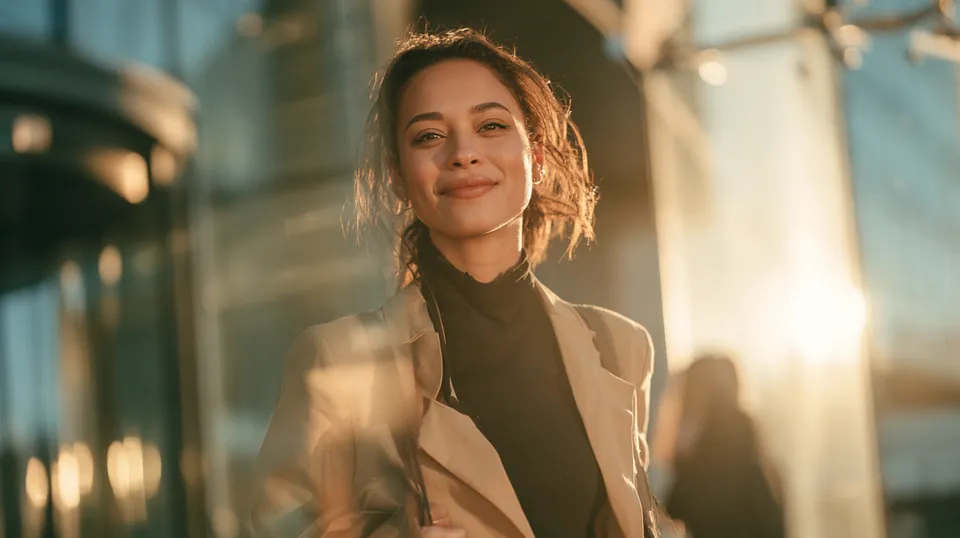 Woman in her 30s walking into the modern glass office entrance where Tripoint Lending support is based