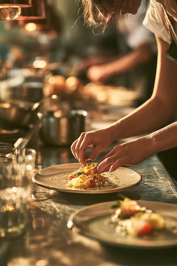 Line cook's hands plating a colorful dish on a steel pass in a busy restaurant kitchen, a worker comparing loan offers through Tripoint Lending