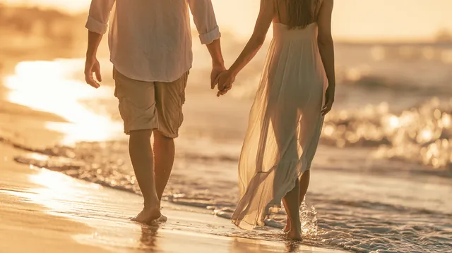 Couple in their 40s walking barefoot along the shoreline at sunset, relaxed after a Tripoint Lending debt consolidation decision