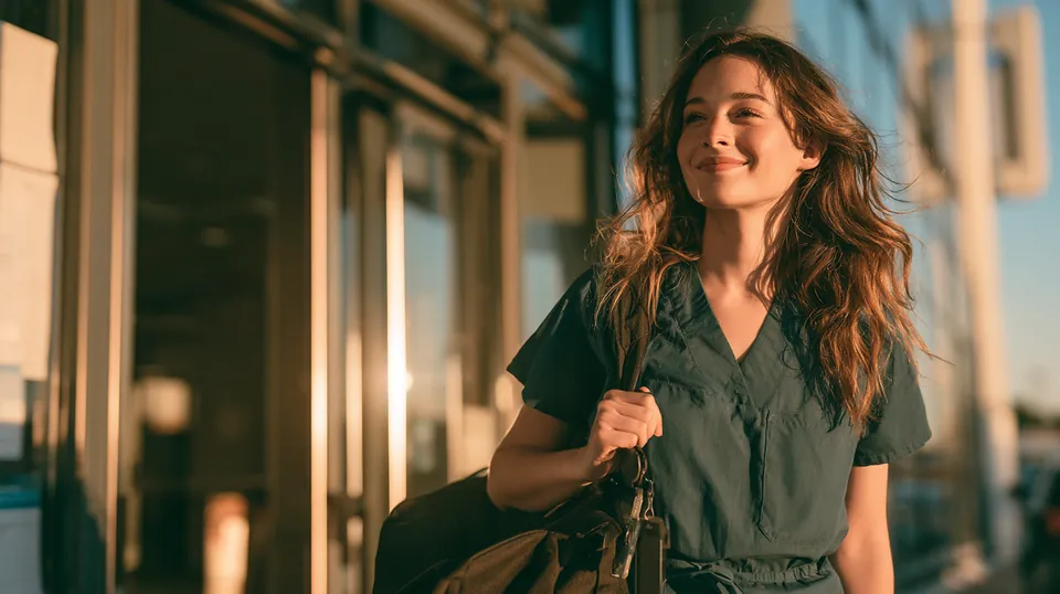 Nurse in scrubs smiling as she leaves a modern hospital entrance after a long shift