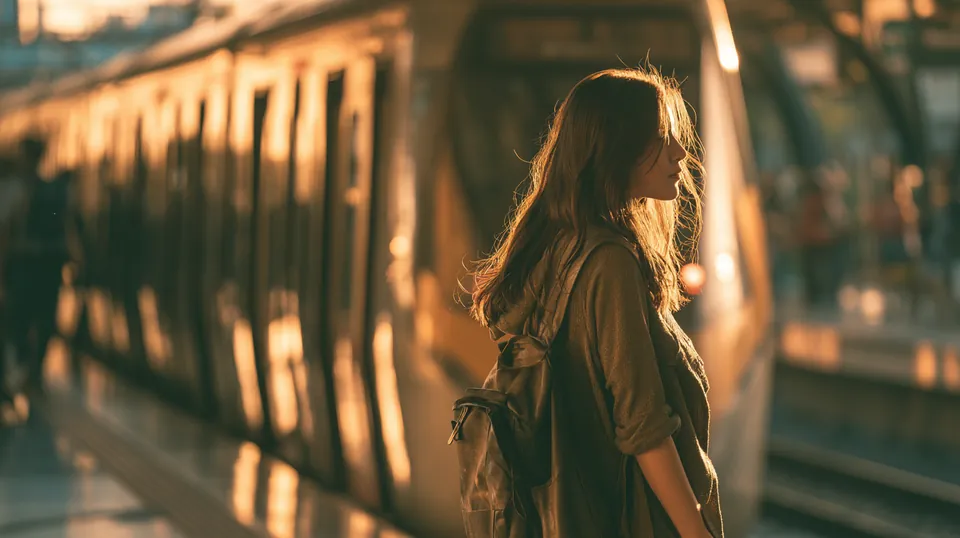 Young woman with a backpack stepping onto a modern commuter train from an open-air platform