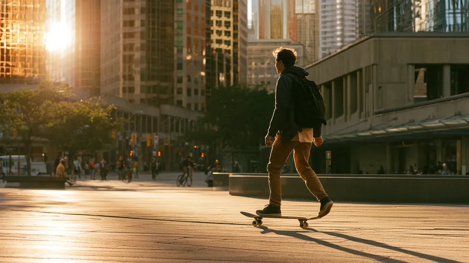 Young man skateboarding across a sunny downtown plaza on his way to work