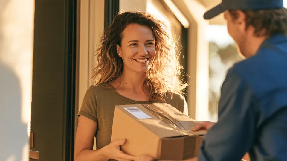 Woman in her 40s accepting a package from a delivery driver at the front door of her modern home