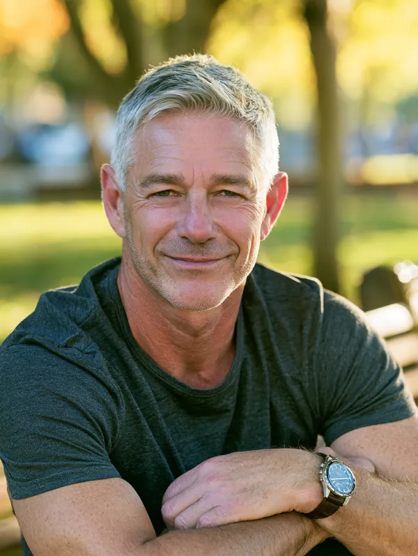 Man in his 50s resting on a park bench with a gentle smile after reading a Tripoint Lending guide to loan funding