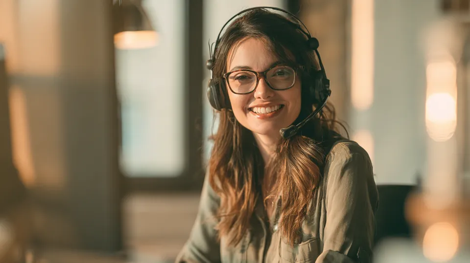 Tripoint Lending customer support specialist in her 30s smiling while talking on a headset at a bright workspace