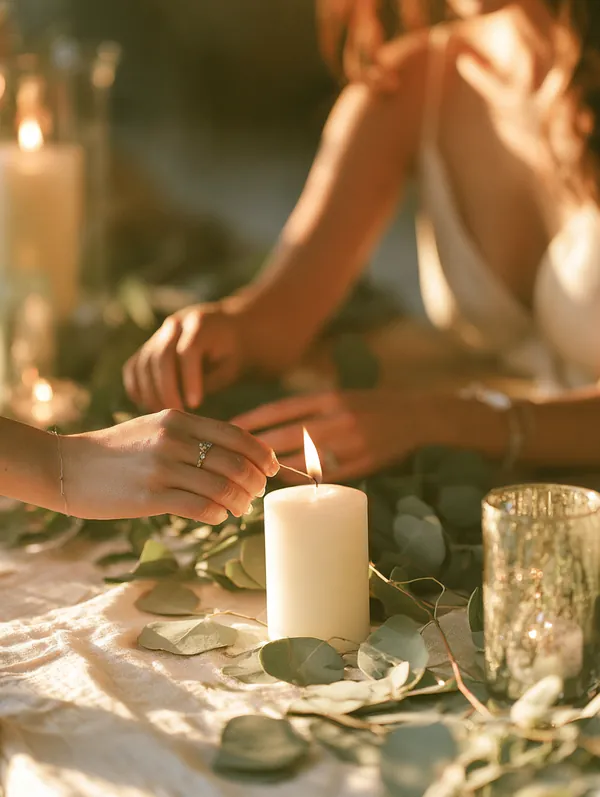 Hands lighting a white candle on a simple memorial table with greenery, a quiet farewell planned with help from Tripoint Lending