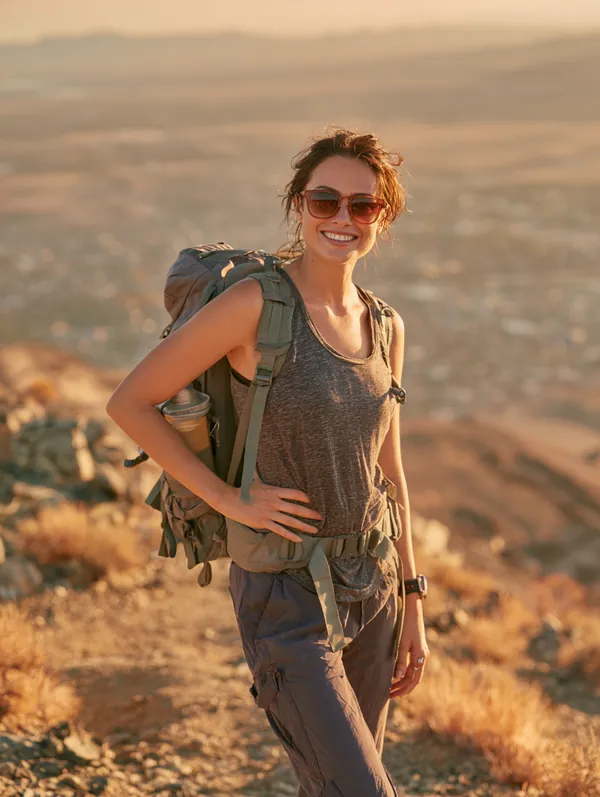 Woman in her 40s hiking along a ridge trail with wide valley views, enjoying peace of mind after choosing a clear loan offer