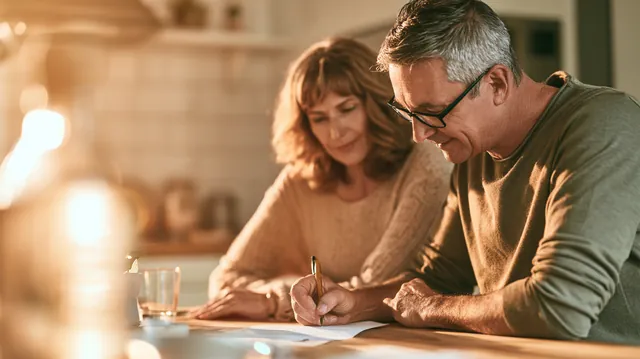 Man in his 50s signing a personal loan document at a kitchen table while his wife looks on calmly after reviewing Tripoint Lending offers
