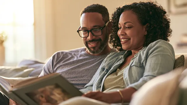 Adult siblings in their 40s looking through a photo album together on a sofa while planning a memorial service with Tripoint Lending