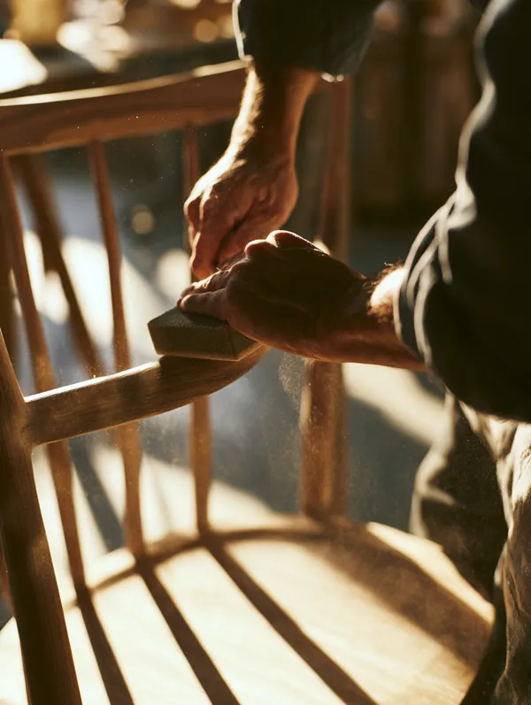 Close-up of a woodworker's hands sanding the arm of a new wooden chair with a sanding block in a sunlit workshop
