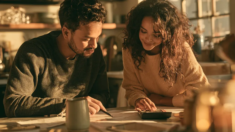 Couple in their 30s at a kitchen table using a calculator together while planning a Tripoint Lending personal loan budget