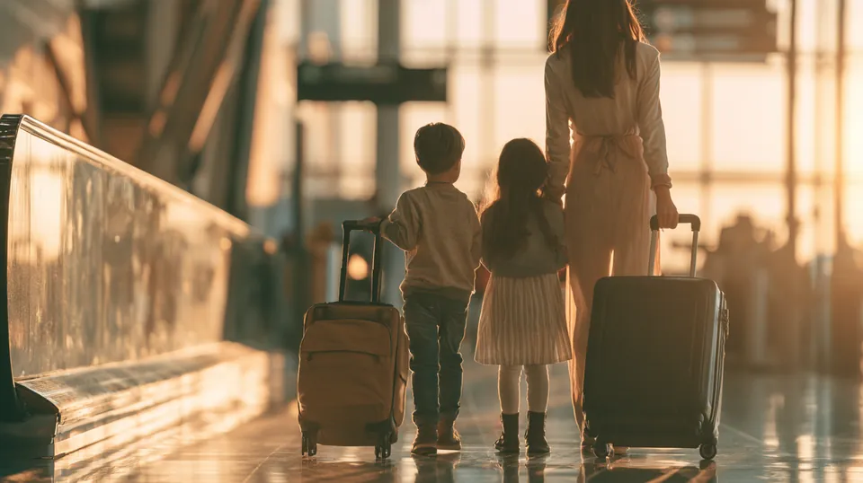 Family with two kids walking through a bright airport terminal with rolling luggage on a holiday trip