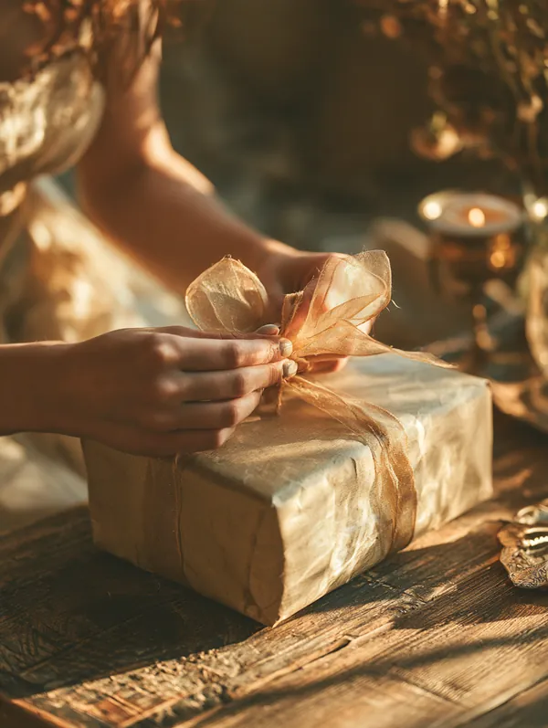 Hands tying a ribbon on a gift wrapped in kraft paper on a wooden coffee table, part of a holiday budget planned with Tripoint Lending