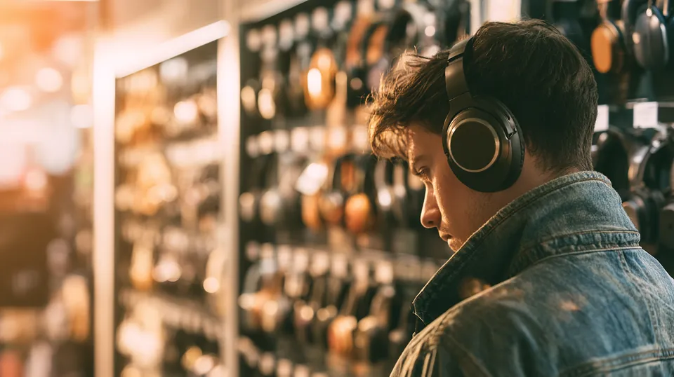 Young man in his 20s browsing headphones on a display shelf in a modern electronics store, weighing a personal loan or buy now, pay later