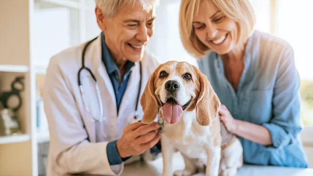 Veterinarian examining a beagle on a clean exam table while its owner, a woman in her 50s, stands beside it smiling with relief