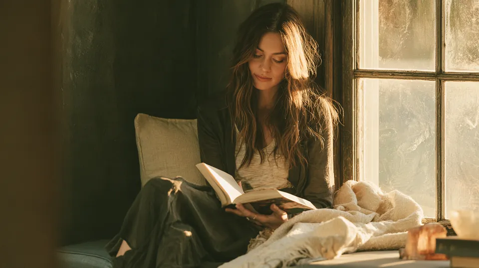 Woman in her 40s reading the Tripoint Lending privacy policy on a cushioned window seat with a soft throw blanket