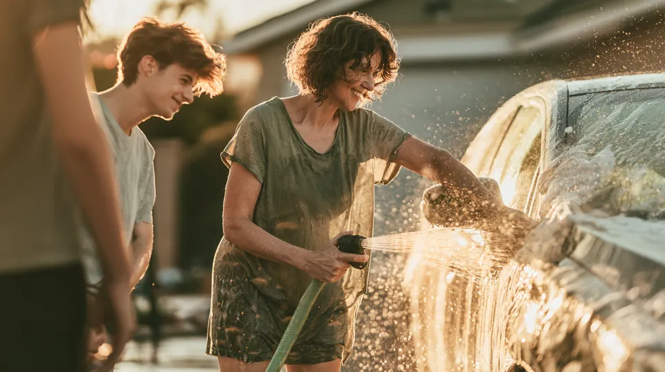 Mother in her 50s washing her late-model car with a garden hose in the driveway beside her teenage son, weighing secured and unsecured options with Tripoint Lending