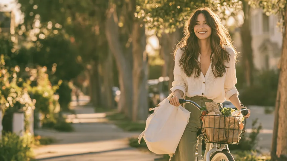 Woman in her 30s walking her city bike along a tree-lined residential sidewalk with fresh groceries in the basket, relaxed after checking Tripoint Lending offers