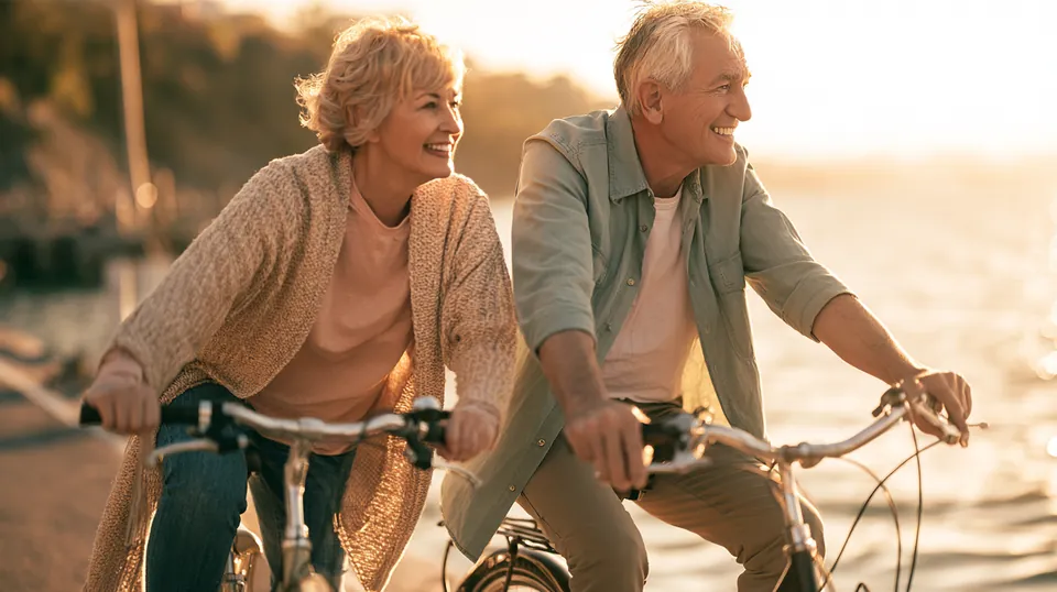 Couple in their 60s riding bikes side by side along a lakeside path, smiling, after reading Tripoint Lending reviews